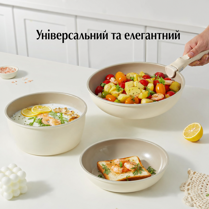 Набір керамічного посуду Redchef з 16 предметів з антипригарним покриттям та знімними ручками, сковорода 20/26 см, глибока сковорода 26 см, каструля 18/20 см, набір посуду, що штабелюється, для всіх плит, придатний для використання в духовці