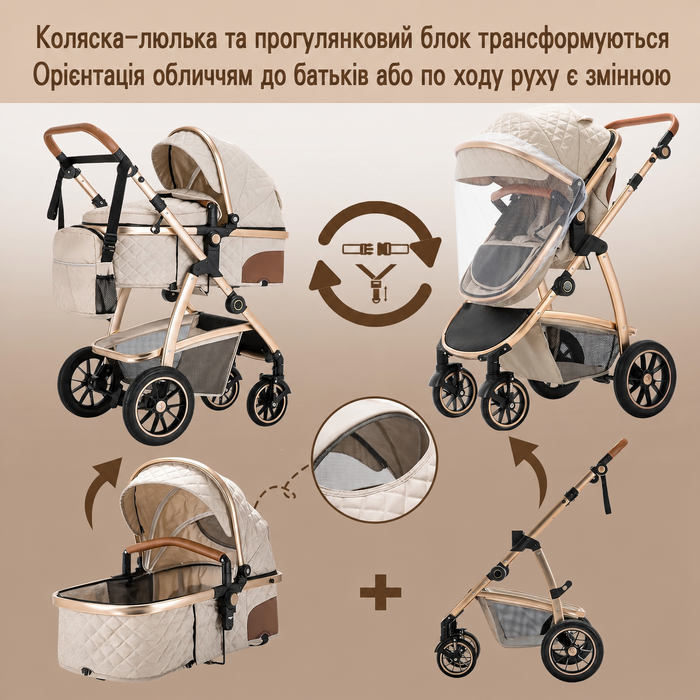Дитяча коляска 3-в-1 Gcarebb з автокріслом, регульована по висоті, комплект для новонароджених 0-4 роки, алюмінієвий каркас, EN1888-2, 0-22kg, бежевий колір