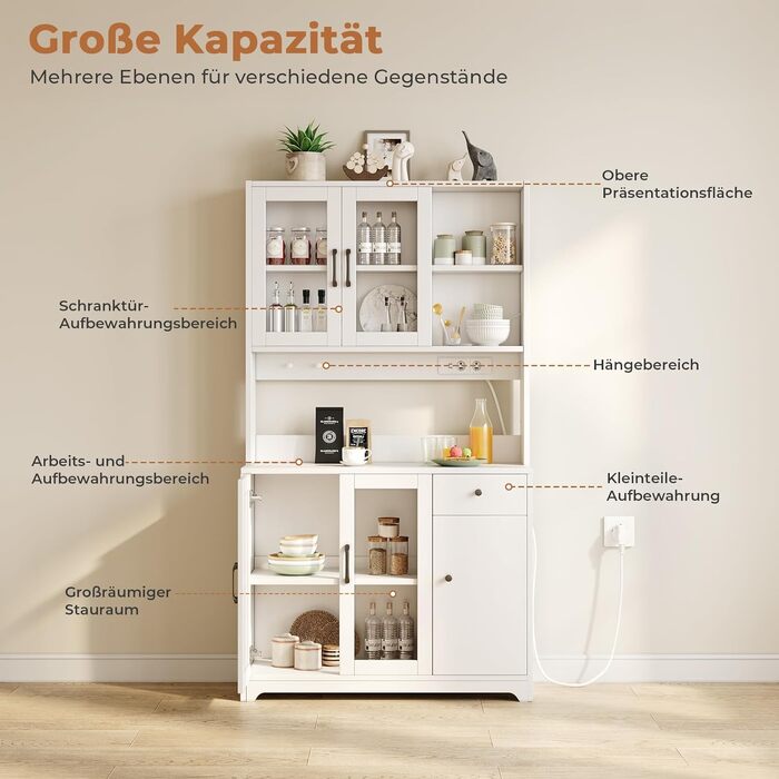 Висока кухонна шафа-буфет Dripex (181 см) з робочою поверхнею, 5 дверцятами та шухлядою, промисловий стиль, білий колір, з розеткою