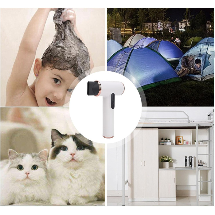 Портативний акумуляторний фен Bewinner Pro 200W, 3 швидкості та 3 температури, бездротовий фен для волосся з цифровим дисплеєм, для жінок, для подорожей та кемпінгу, білий