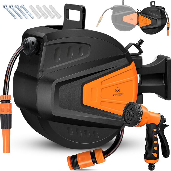 KESSER® Автоматична карусель для шланга 15 м + 2 м, настінна коробка для шланга з автозмотуванням, роликовий механізм для садового шланга, поворотна на 180°, набір з багатофункціональною лійкою з 9 режимами, 2 насадки, помаранчевий