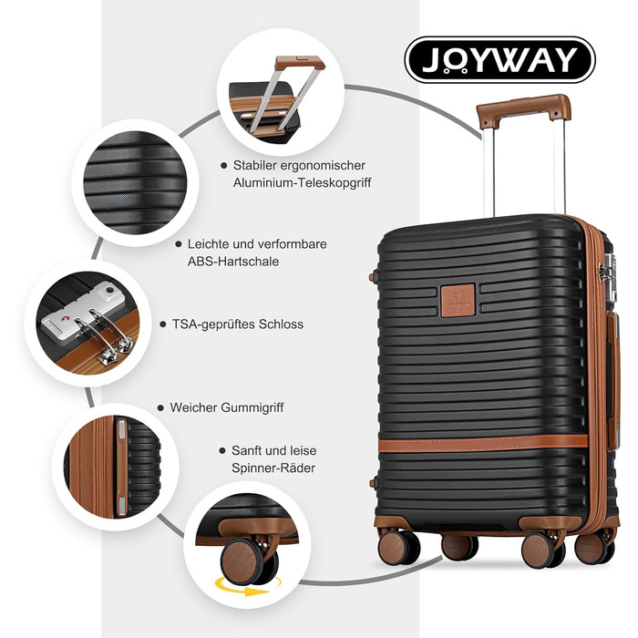 Набір валіз Joyway з ABS пластику, розширюваний, з TSA-замком, 4 колесами, 3 предмети: валіза, дорожня сумка та косметичка, чорний/коричневий, ручна поклажа