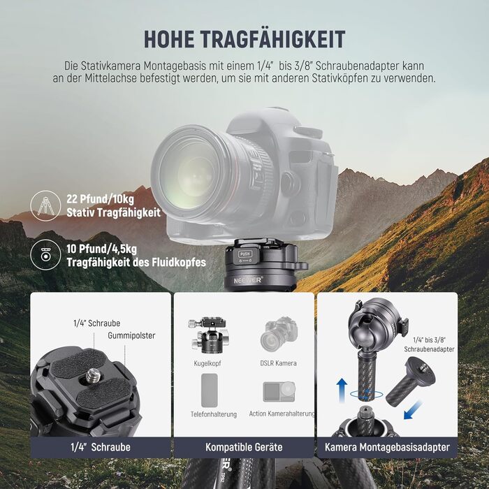 Карбоновий штатив для камери NEEWER LITETRIP LT32 158 см з рівнем, поворотною головкою, знімною центральною віссю, Arca QR-платою, сумісний з Peak Design Capture V3