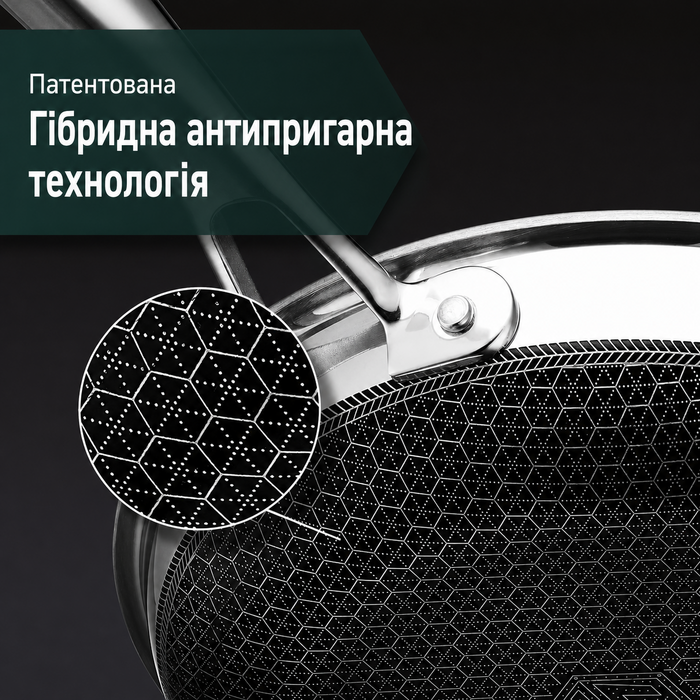 Сковорода HexClad гібридна антипригарна 25 см з кришкою, для індукції та всіх плит, жароміцна, ручка що не нагрівається