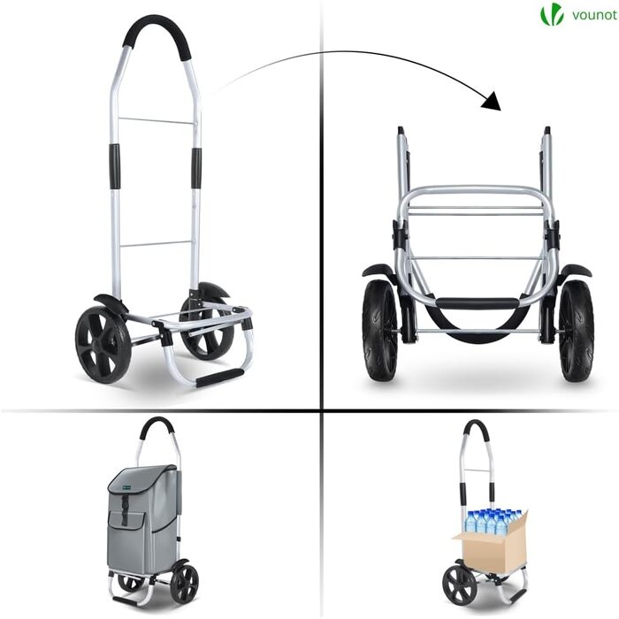 Складаний алюмінієвий візок для покупок VOUNOT з водонепроникною сумкою 58Л та великими колесами, сірий