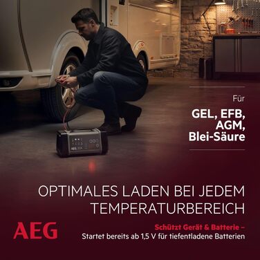 Зарядний пристрій акумуляторів AEG LT 20, 20A для 12/24V авто, 9-ступінчатий, з інтелектуальною функцією заряджання та автоматичним вирівнюванням температури, чорний/сірий
