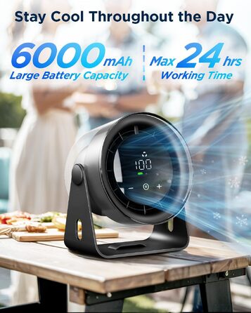EasyAcc Портативний вентилятор 6000mAh з акумулятором, турбовентилятор, циркулятор повітря 100 швидкостей, до 21 години роботи, LED-дисплей, для кемпінгу, подорожей, офісу - Чорний