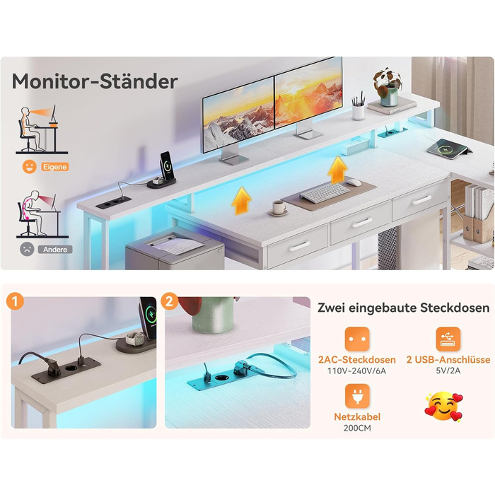 Ігровий кутовий стіл Coleshome з RGB підсвіткою, 7 ящиків, 179.5x135.5 см - білий
