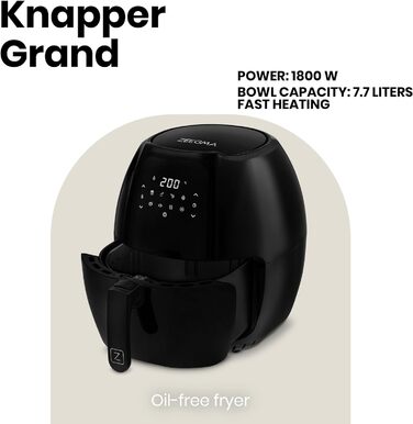 Фритюрниця-гриль ZEEGMA Knapper Grand 1800 Вт, 6 л, аерофритюрниця без олії, 9 програм, швидкий нагрів, сенсорне LCD, енергоефективна, чорна