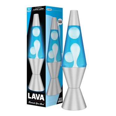 Лава-лампа Lava Lampe 2103 (36,8 см): білий віск, синя рідина, срібляста основа та ковпак — оригінальний нічний світильник для створення атмосфери