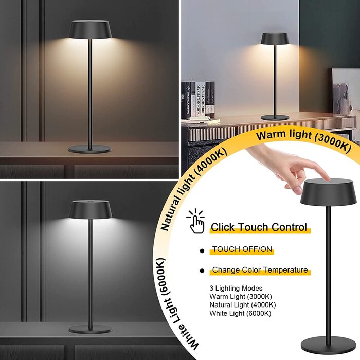 LED акумуляторна настільна лампа Klighten, димована, металева, бездротова, сенсорне керування, IP54, водонепроникна, портативна, для дому та вулиці, 3000K-6000K, USB-C, чорна, 2 шт.