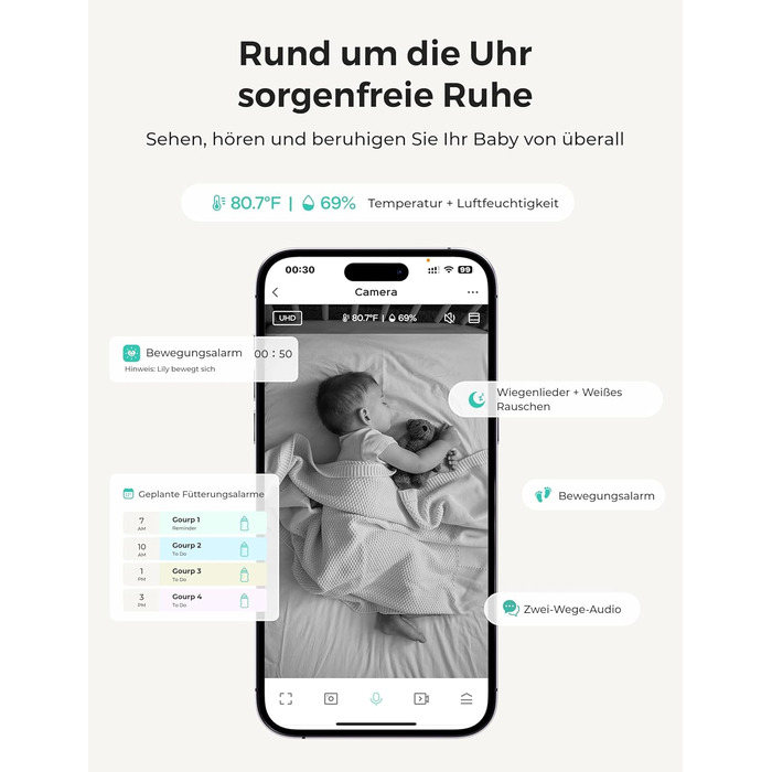 Відеоняня Dr.Care VistaView Lite WLAN з App-керуванням, Full HD 1080P камерою, розділеним екраном 720P, датчиком руху та ІЧ-нічним баченням (монітор 4