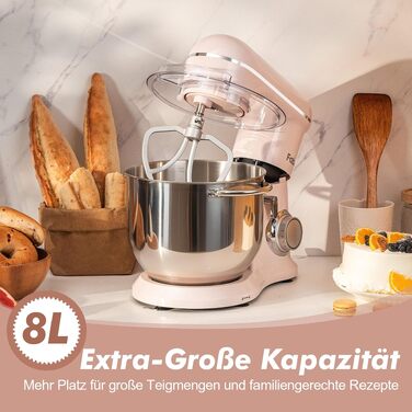 Кухонна машина Kitchen in the box Fab-Serie, потужний планетарний міксер 2000Вт, чаша 8л, 10 швидкостей, з вінчиком, гаком та міксером, Рожевий