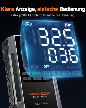 WOLFBOX 4000A: Пускозарядний пристрій з компресором 160PSI, 12V, 65W, 88.8Wh, для бензинових/дизельних двигунів 10L, LED-ліхтар, кабелі для пуску