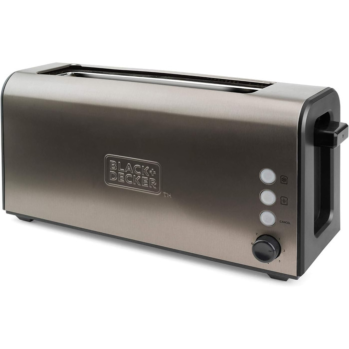 Тостер BLACK+DECKER BXTO1000E 1000Вт з нержавіючої сталі, екстра довгий і широкий слот, 7 режимів, автоцентрування, функції: стоп, підігрів, розморожування, без зажимів