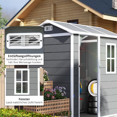 Садовий сарай Outsunny Пластиковий 2,1 м² 186 x 130 x 199 см Садовий сарай з двосхилим дахом Вікно Вікно, що замикається Погодостійкий садовий сарай Відкритий садовий сарай для заднього двору сірий