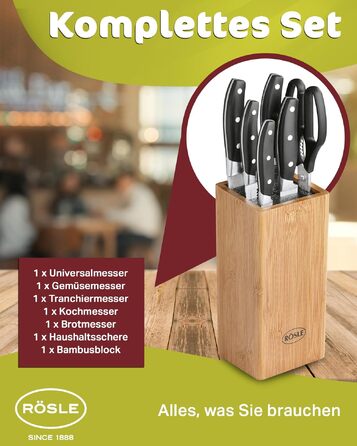 Набір кухонних ножів RÖSLE CUISINE з бамбуковою підставкою, 7 предметів: 5 сталевих ножів та кухонні ножиці, преміум-якість
