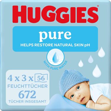 Дитячі вологі серветки Huggies Pure, гіпоалергенні, 12 упаковок по 56 шт (запас на місяць)