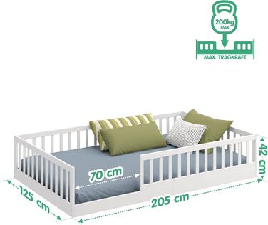 Ліжко дитяче CADANI Timi 2в1 Montessori 120x200 см з бортиками, ламелі, масив сосни, біле - 3 варіанти збірки, до 200 кг