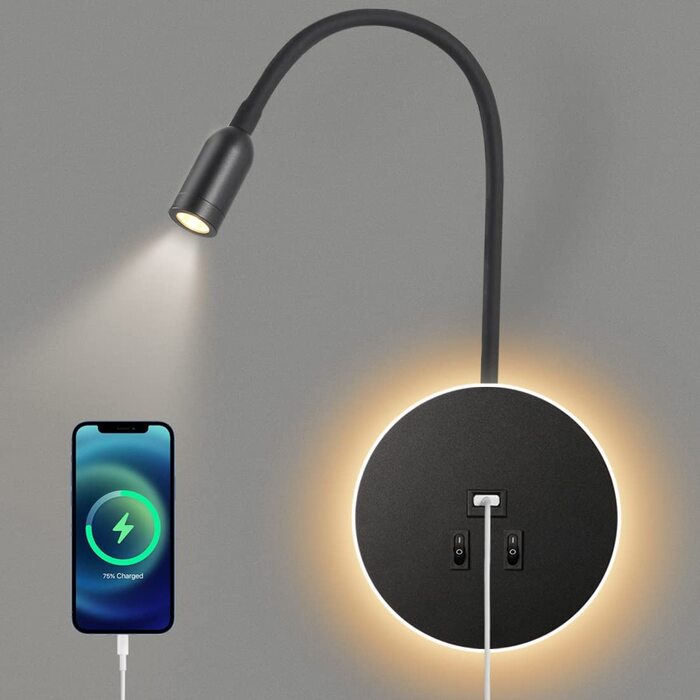 Світильник для читання Awekliy 3W+8W LED з гнучкою ніжкою, настінний, з USB-зарядкою, перемикачем, для спальні, ліжка, нічник, чорний, 3000K