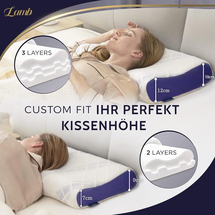Подушка для шиї LAMB з Memory Foam, регульована висота, ергономічна, знімний чохол 60x36x12/10 см, блакитна