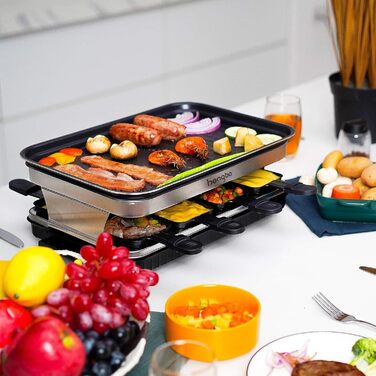 Електричний гриль для фондю Raclette на 8 осіб з антипригарним покриттям, 1500W, з 8 міні-сковорідками та 4 дерев'яними шпателями, регульована температура, нержавіюча сталь 44 x 30 x 16 см