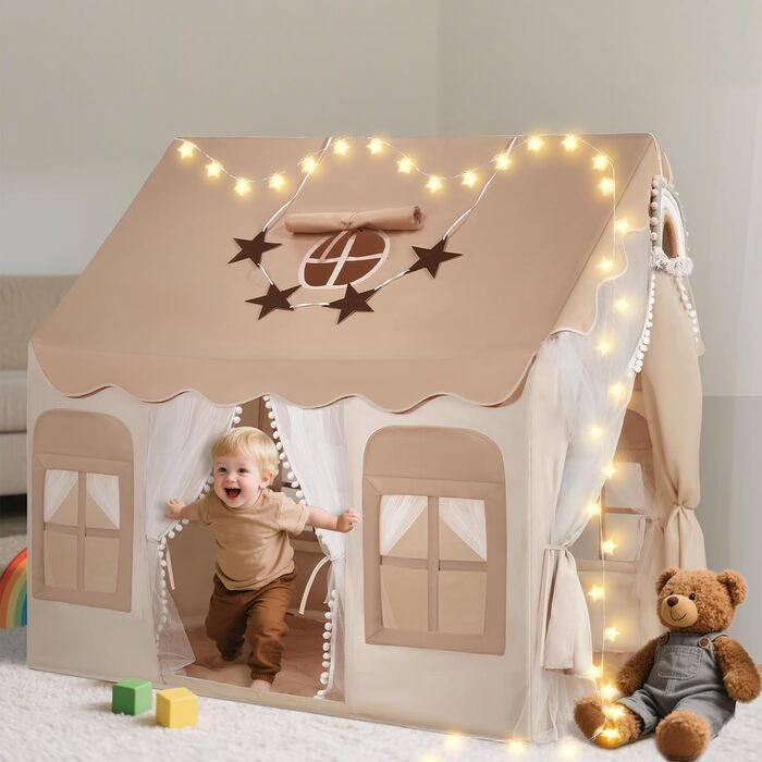 Дитяче намет-ігровий будиночок Snookids Kinderzelt Indoor з килимком, ліхтариками, прикрасами-веселкою та прапорцем-зіркою для хлопчиків та дівчаток