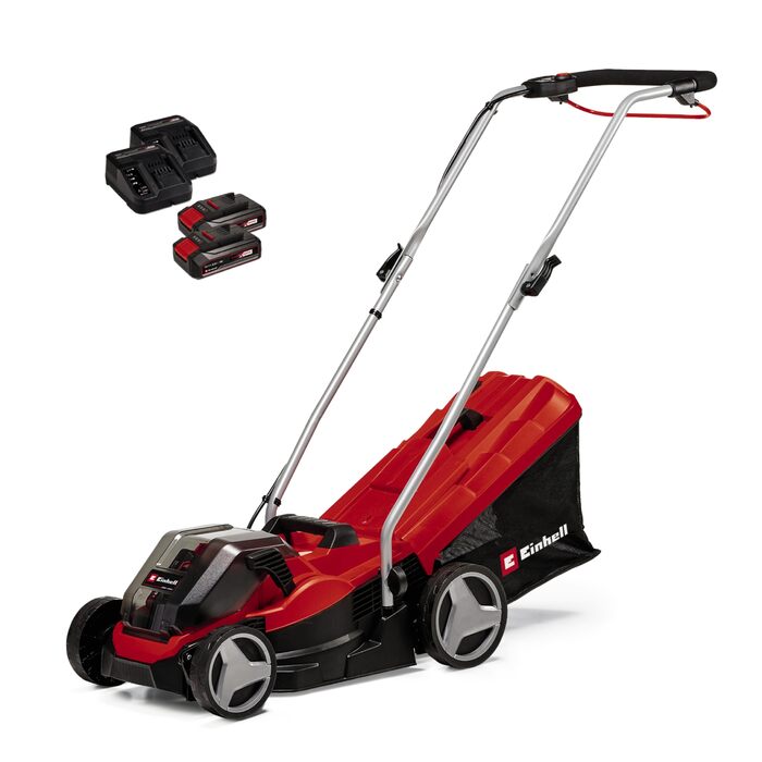 Акумуляторний газонокосарка Einhell GE-CM 36/33 Li Kit Power X-Change (36 В, ширина косіння 33 см, до 250 м², кошик 30 л, висота стрижки 25-65 мм, 2 x 2.5 Ah акумулятори + 2 зарядні пристрої)