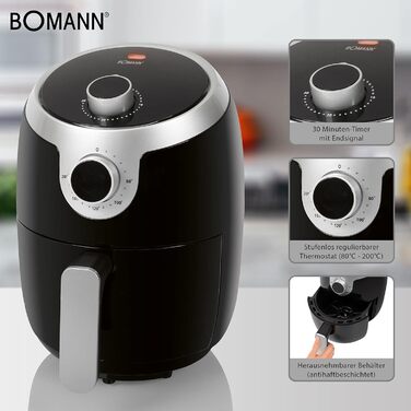Аерофритюрниця Bomann FR 6050 H CB, 1,8 л, без олії, 1000 Вт, чорна/срібляста, для картоплі фрі та курячих крилець