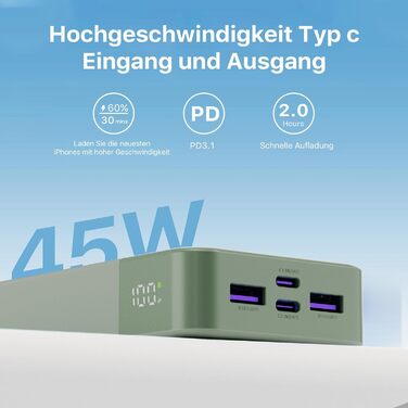Power Bank JUOVI J2621, 20000mAh, 45W, для Switch, MacBook, iPhone, Samsung, Steam Deck, зелений