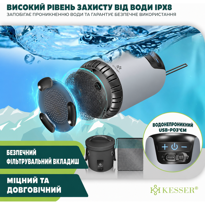 Портативний душ KESSER для кемпінгу з сонячною зарядкою, насосом і акумулятором 8000 мА·год, комплект: душова лійка, 2м шланг, розпилювач і кріплення