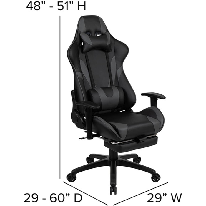 Ігрове крісло Flash Furniture X30, ергономічне, з повністю регульованою спинкою та висувною підставкою для ніг, LeatherSoft, сіре, стиль автоспорт, 1 шт.