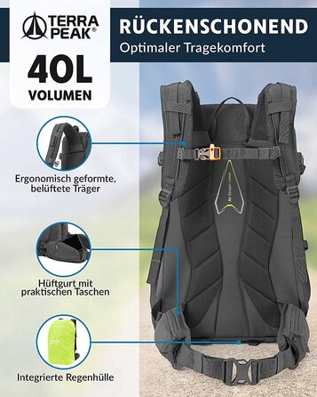 Туристичний рюкзак Terra Peak Flex 40 л сірий – преміум, вентиляція спини, чохол від дощу, кріплення для питної системи, 3D Air Mesh, трекінговий рюкзак з поясом