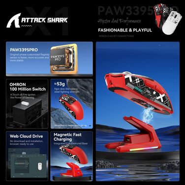 Ігрова миша Attack Shark X1 White/B-Red: сенсор PixArt PAW3395PRO, 40000 DPI, вага 53г, RGB док-станція з тачпадом, бездротова (BT/2.4G) та дротова, для Win11/Xbox/PS/Mac