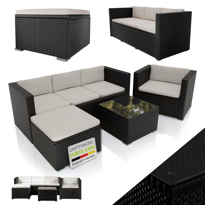 Juskys Lounge Punta Cana L: Комплект садово-розкішних меблів для 4-5 осіб (софа 3 місця, крісло, пуф, столик, подушки). Чудовий вибір для саду, тераси та балкону. Водостійкий набір меблів для відпочинку. Чорний/Крем.