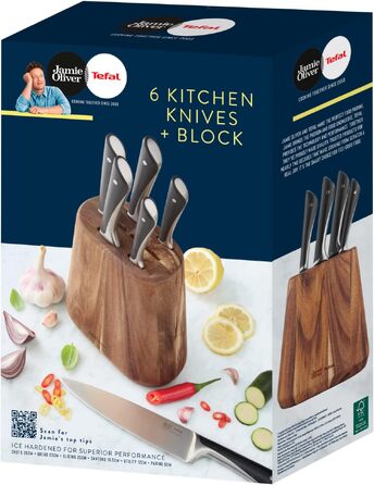 Набір кухонних ножів з підставкою Jamie Oliver by Tefal (5 ножів + блок), сталь з криозагартуванням, дерево акації, коричневий, K267S556
