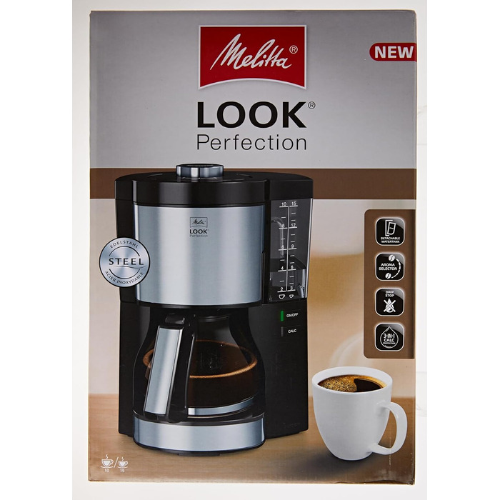 Кавоварка Melitta Look Perfection знімний резервуар, фільтр-кавоварка з скляною колбою, захист від крапель, до 10 чашок, чорна