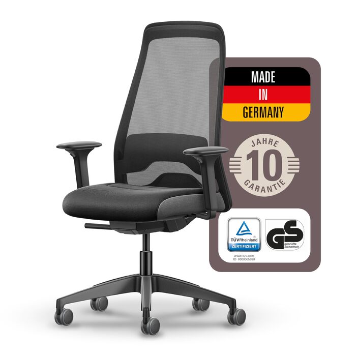 Ергономічне офісне крісло Interstuhl STYLE Air + з синхромеханізмом, 4D-підлокітниками та підтримкою попереку, чорне, Made in Germany