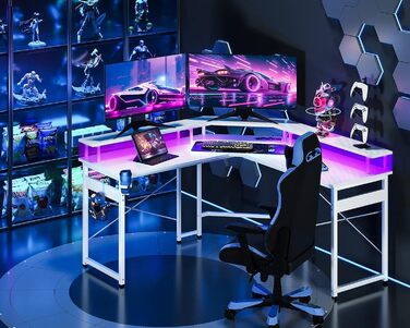 Ігровий стіл ODK з LED-підсвіткою, 2 розетками та 2 USB-портами, велика полиця для монітора, комп'ютерний стіл для геймерів, карбонове біле покриття, 129x129 см