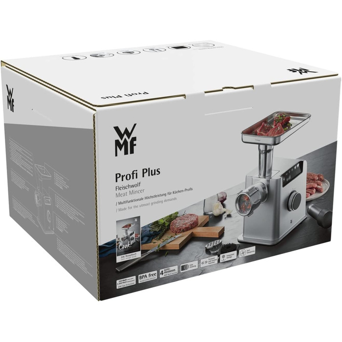 Електрична м’ясорубка WMF Profi Plus 2200Вт з насадками для ковбас, кеббе та печива, 3 диски, реверс