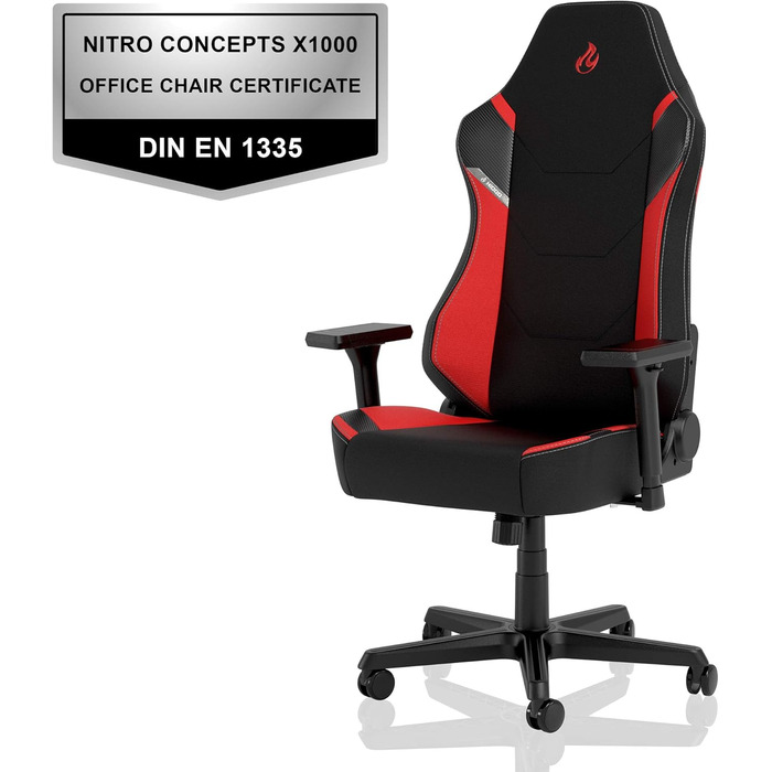 Ігрове крісло Nitro Concepts X1000, ергономічне, текстиль, для комп'ютера, офісу, чорний/червоний, до 135 кг, екстра широке