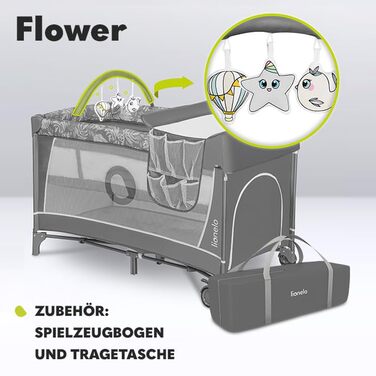 Дитяче ліжечко-манеж Lionelo Flower 4в1 з боковим входом, пеленатором, двома рівнями висоти, дугою з іграшками, колесами та сумкою