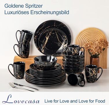 Набір порцелянового посуду LOVECASA Daphne на 24 предмети для 6 осіб, чорний з золотим мармуровим дизайном (тарілки, миски, чашки)