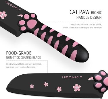 Набір кухонних ножів MEOWKIT 5 шт. з підставкою, нержавіюча сталь, набір ножів у формі котів, чорний/рожевий