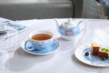 Чашка та блюдце з порцеляни Shabby Chic Vintage, з птахом, метеликом і квітами, подарункова коробка (рожево-блакитна)