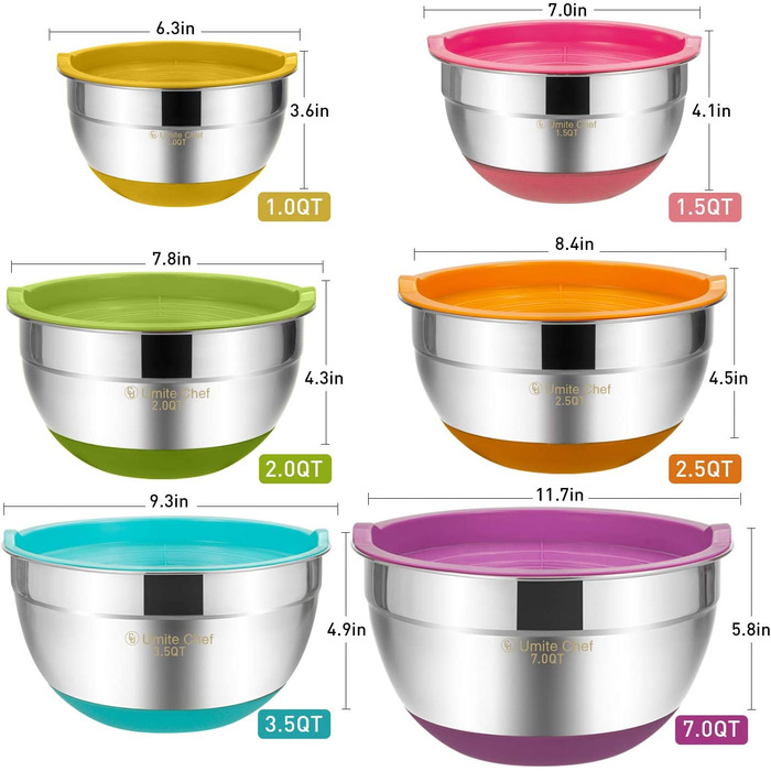 Чаші для змішування Umite Chef 6 шт із герметичними кришками 7/3,5/2,5/2/1,5/1 QT