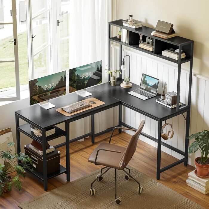 Кутовий комп'ютерний стіл CubiCubi 150x120 см з полицею, чорний, для дому та офісу, геймерський стіл з високим стелажем