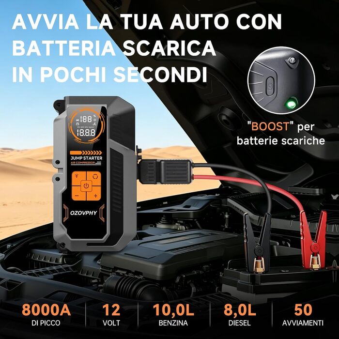 Пусковий пристрій (бустер) для авто 8000A з компресором 150 PSI та функцією Powerbank