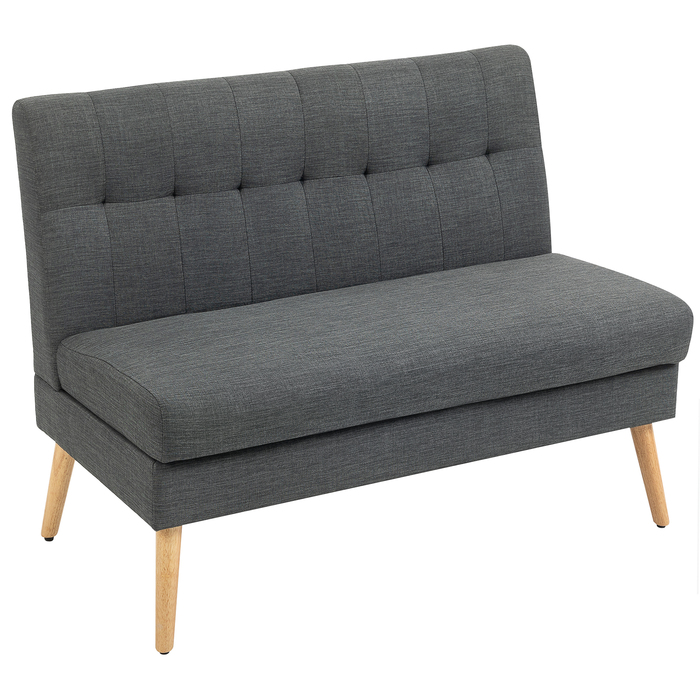 Диван на дво особи, з м'якою стежкою на спинці, на дерев'яних ніжках, з товстим наповнювачем, з текстурою льону, ідеальний для невеликих кімнат, сірого кольору.