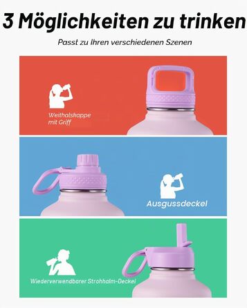 Термобутилка Coolflask 2Л зі сталею, трубою та 3 кришками, вакуумний ізольований спорт-флакон для води та офісу, герметична, рожева (1893 мл)